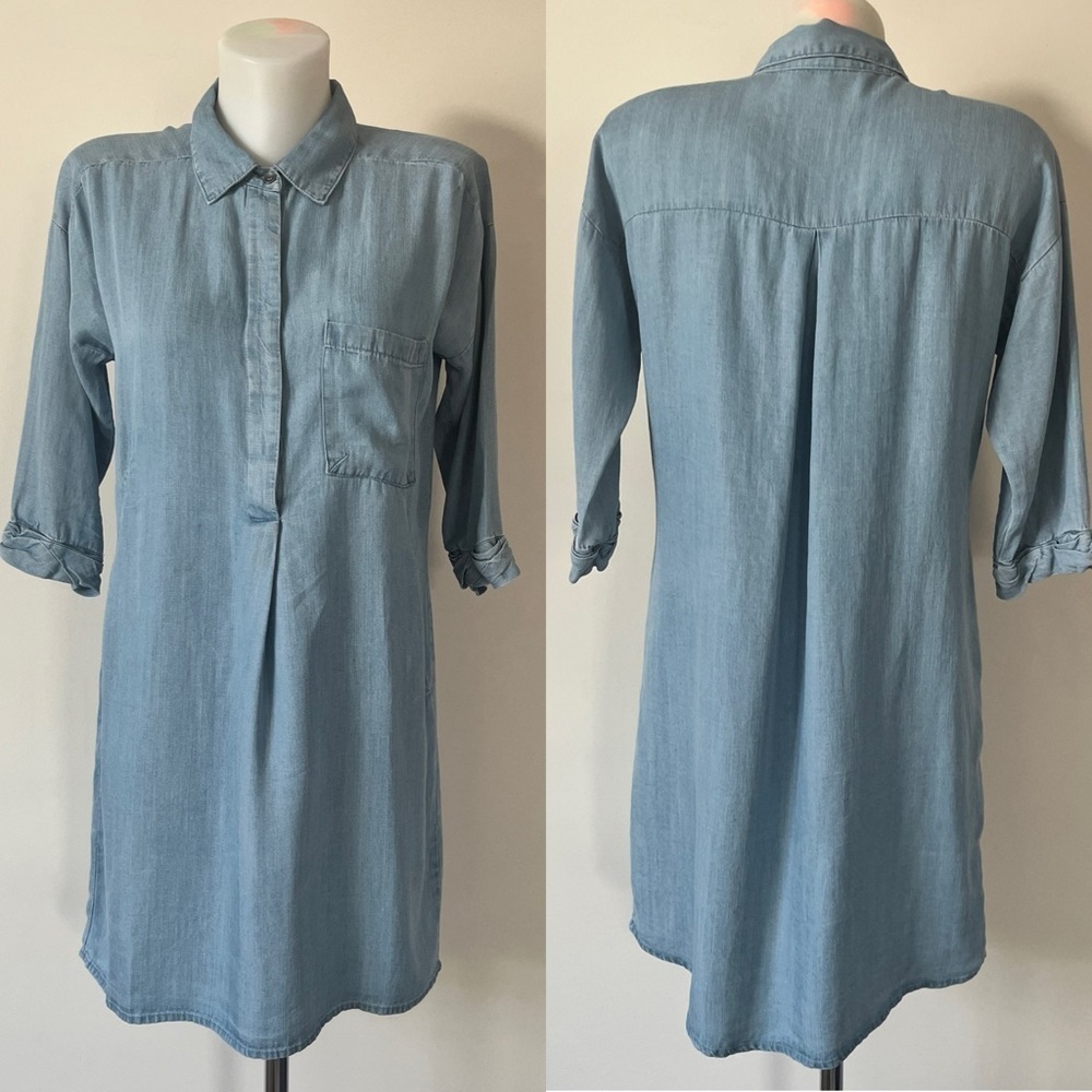 Lovestitch Chambray Midi Dress Blue Lyocell Tulip Pleated 3/4 Sleeve Boho Sz S